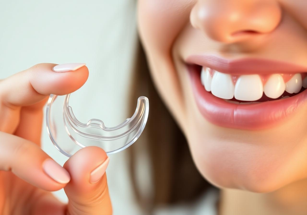 Patient holding a clear Invisalign aligner