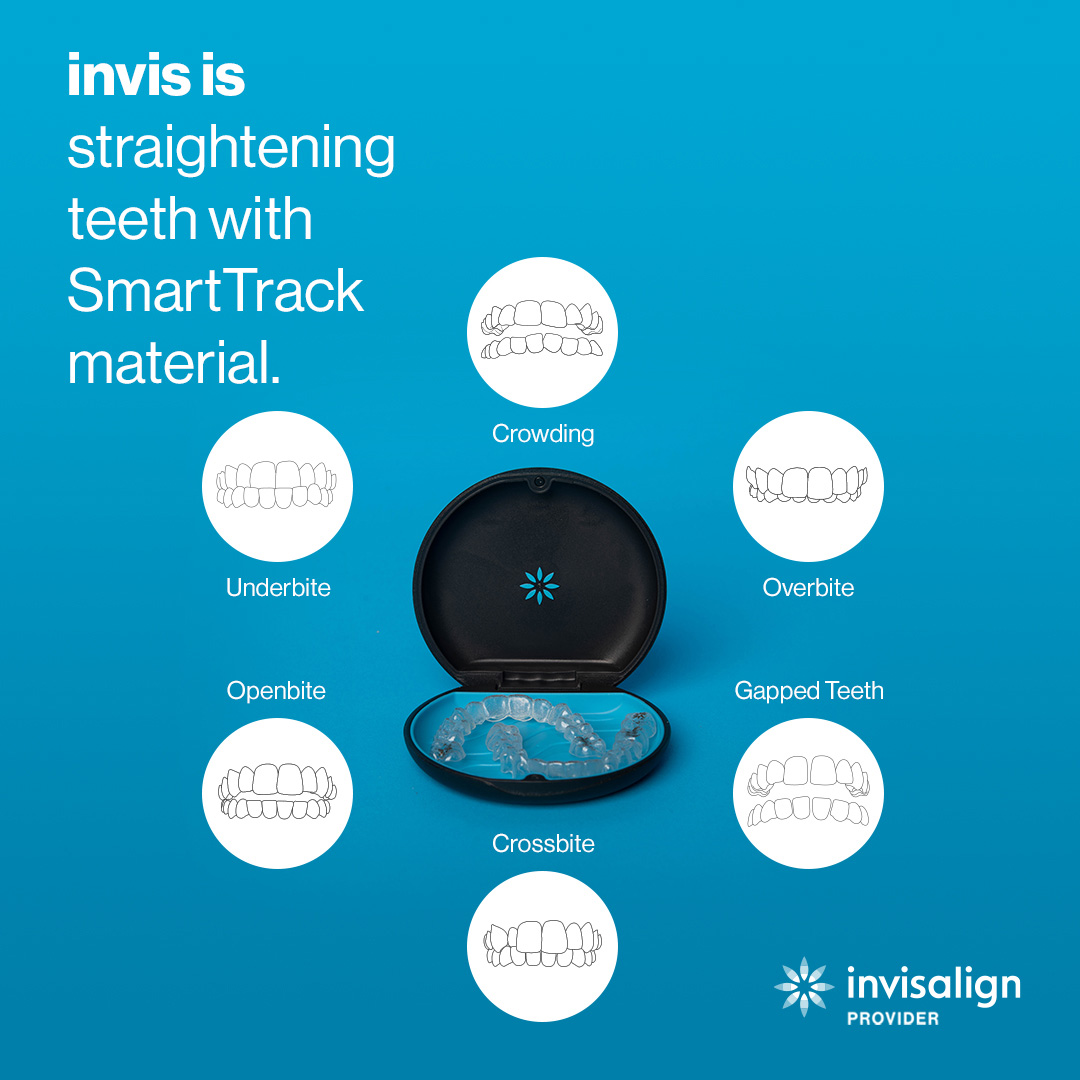 Invisalign treats crowding, overbite, underbite, openbite, gapped teeth and crossbite